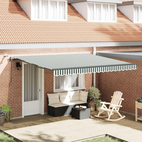 Tenda da sole retrattile per esterni, verde, bianco, 400 x 300 cm, tessuto in poliestere idrorepellente, con telaio e telecomando, per balcone, terrazza e giardino