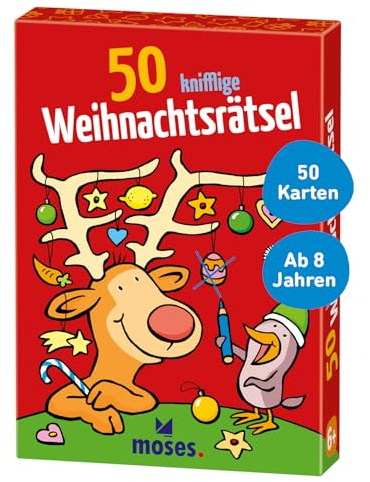 moses 21051 50 knifflige Weihnachtsrätsel Kinderbeschäftigung ab 6 Jahren für die Weihnachtszeit Kartenset, bunt