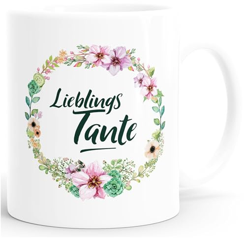 MoonWorks Kaffee-Tasse Geschenk-Tasse für Tante Lieblingstante Blumen Bordüre Blumenranke Blüten Familie Weiss unisize
