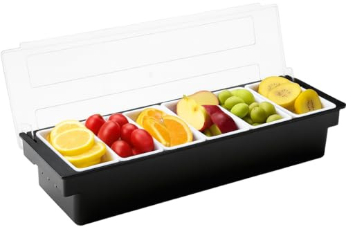 BarBits Black Plastic Condiment Dispenser - 6 Compartments Trays Detachable Topping Station Plastic Pizza & Cocktail Garnish Ingredients Holder