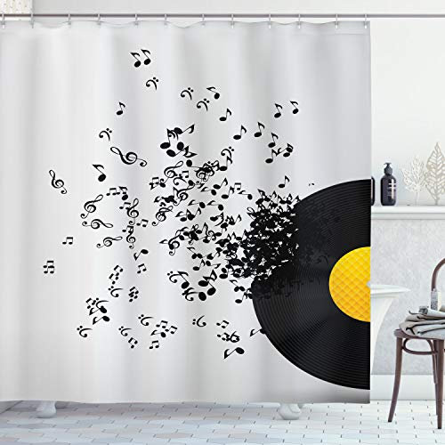 ABAKUHAUS Musik Duschvorhang, Fliegen-Anmerkungen Album-Tanz, Stoffliches Gewebe Badezimmerdekorationsset mit Haken, 175 x 200 cm, Gelb Schwarz Elfenbein