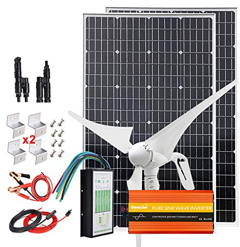 Kit complet pour éolienne solaire 640W 12V avec onduleur 2000W :1 générateur de turbine éolienne 400W + 2 panneaux solaires mono 120W haute efficacité + contrôleur de charge PWM + câbles + support