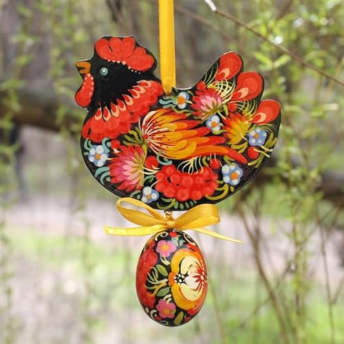Osterschmuck für Zweige oder Fenster Deko -Huhn mit Osterei 11 x 8,5 x 0,5 cm + das Ei 3-4 сm aus Holz nach Ukrainischer Art Handbemalt