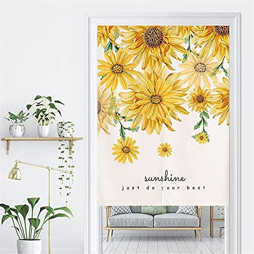 Hiseng Leinen Stoff Küchen Tür Vorhang, Nordic Sonnenblume Druck Doorway Curtain Noren Restaurant Partition Vorhang Schattierung Wiederverwendbare Hälfte Vorhang (Gelb A,85x90cm)