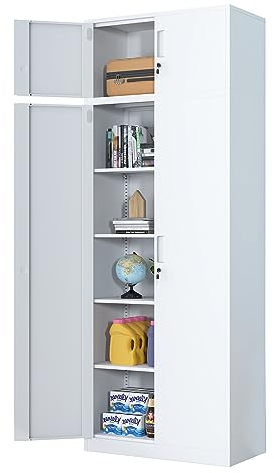iJINGUR Metal Storage Cupboard with Locking Doors and 4 Adjustable Shelves, Extra Tall Lockable Steel Storage Cabinets for Home Office Garage Kitchen Pantry (White)