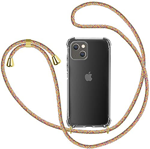 XTCASE für iPhone 13 Hülle mit Band, Transparent Handyhülle Stossfest Schutzhülle - Schnur mit Case zum Umhängen in Regenbogen