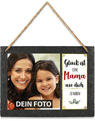 PR Print Royal Schieferplatte selbst gestalten - mit Foto Bedrucken - Glück ist eine Mama wie Dich zu haben - Geschenk Muttertag, Geburtstag, Weihnachten, Schiefertafel zum Aufhängen, 15 x 20 cm