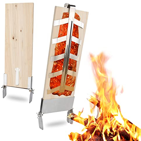Tubiaz Flammlachsbrett 2er Set, 5 Stufen einstellbar, Räucherbrett mit Edelstahl-Halterung, Lachs bis 2,5kg, Outdoor Grill zedernholzbrett, für Feuerschalen Feuerkorb