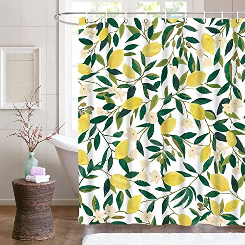 Plante de Citron Rideau Douche, Plante de Citron Rideau de Bain 100% Polyester Tissu Rideau de Douche Anti Moisissure Imperméable pour Salle de Bain ou Baignoire, 8 Crochets, 120 x 200 cm