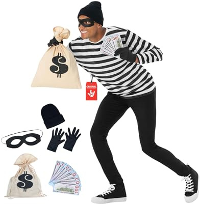 Morph, Burglar Costume, Halloween Costumes for Men | Black, White Striped Shirt, Eye Mask, Knit Beanie, Gloves Included, Perfect for Halloween, Great for Fancy Dress