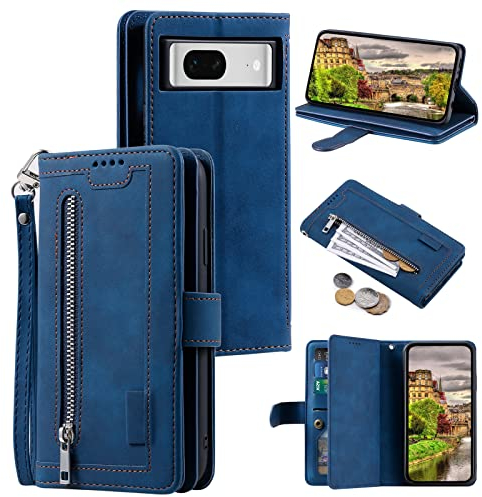 EYZUTAK Handyhülle für Google Pixel 7 Pro Hülle,Flip Case Lederhülle Reißverschluss Magnetverschluss Brieftasche mit 9 Kartenfächern Standfuntion Retro Matt Ledertasche für Google 7 Pro-Blau