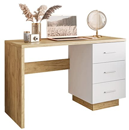 lukmebel Kim Schreibtisch - zum Lernen & Arbeiten - DREI Schubladen - sehr Geräumig - Bequem - für Büro & Jugendzimmer - 50x121x75,5cm - Wotan-Eiche