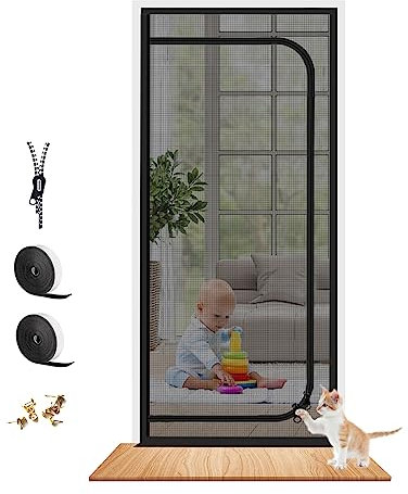 Dixutzi Reinforced Cat Screen Door Fits Door Size 30''x 80'', Heavy Duty Pets Proof Screen Door with Zipper, Prevent Dogs Cats Running Out from Home (Black)