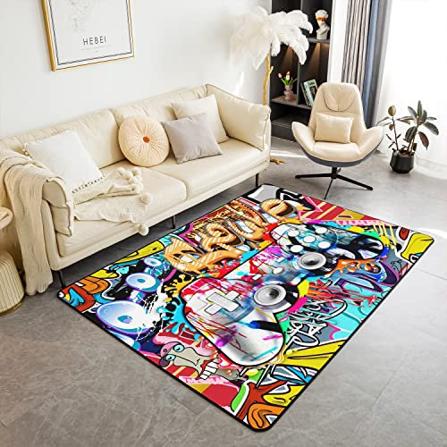 Loussiesd Gamer Moderne Teppich 150x200cm Hippie Graffiti Stil Wohnzimmer Teppiche für Schlafzimmer Home Dekorative Graffiti Graphic Street Culture Teppich Ultra Weiche rutschfeste Innenbodenmatte