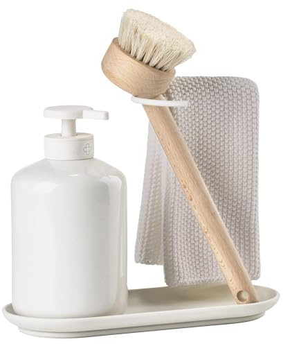 Zone Denmark Inu Geschirrspülset, Spülorganizer mit Seifenspender/Spülmittelspender, Spültuch und Spülbürste, 20.2 x 8.8 x 21 cm, Weiß