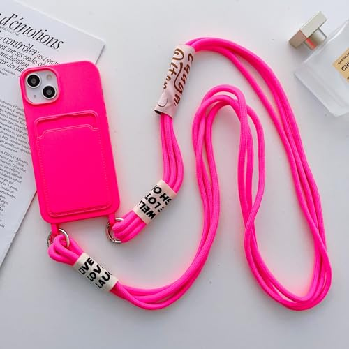 FIFTHAVE Handykette Handyhülle iPhone 14 pro max Necklace Hülle mit Band Schutzhülle mit Kartenfach iPhone 14 pro max Kordel zum Umhängen Weich TPU Silikon Bumper Case Schnur Cover 6.7'' Rosenrot