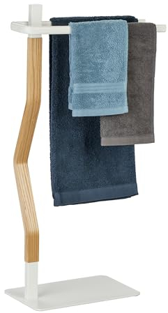 Relaxdays Handtuchständer, 2 Stangen, freistehend, HxBxT: 78 x 40 x 20 cm, Bad Duschtuchhalter, Stahl & MDF, weiß/Natur