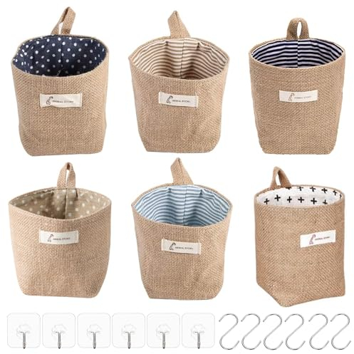6 Piezas Cestas Almacenaje de Algodón y Lino, Cesta Colgante Plegables, Cesta Pequeña con Gancho, Bolsas de Almacenamiento para Juguetes, Maquillaje, Llaves, Objetos Pequeños