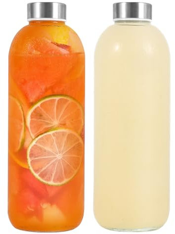 LIMILI Glass Bottles With Stainless Steel Lids, 2 Pack 1000ML Water Bottles, Leak Proof Reusable Drinking Bottles for Hot Cold Drinks, Work, Gym, Home
