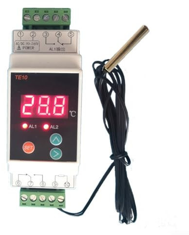 DIN-Schienen-Thermostat, AC90–260 V, DIN-Schieneninstallation Thermostat mit 2 Meter Sensor, 2-Wege-Ausgang Temperaturregler, Temperaturalarm-Controller für Zuhause, Büro