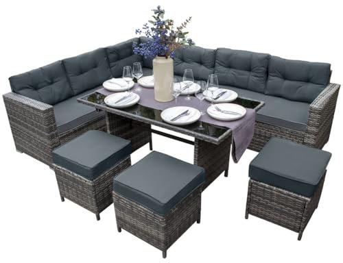 Rattan Corner Dining Set Outdoor Garden Furniture Grey 9-Seater L Shape Sofa Stools Tempered Glass Table UV Protected Waterproof Grey Seat Back Cushions Patio Conservatory Lounge FREE Rain Cover
