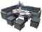Rattan-Eck-Essgruppe, Gartenmöbel, Grau, 9-Sitzer, L-Form, Sofa, Hocker, gehärtetes Glas, UV-geschützt, wasserdicht, graue Rückenlehnenkissen, Terrasse, Wintergarten, Lounge, inklusive Regenschutz