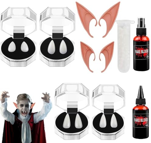 OUOQI Halloween Vampir Zähne Kit,Elfenohren,Gefälscht Zähne mit Pellets Kleber,4 Paare Vampirzähne,2 Paar Latex Elfenohren,Vampir Zahnersatz mit,Halloween Party Zähne,für Halloween Cosplay