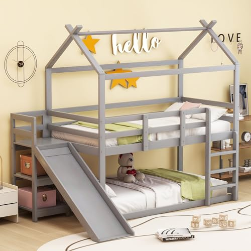 Rtopsu Kinderbett Etagenbett 90x200 cm mit Rutsche, Hochbett Holzbett mit Stauraum Regal und Leiter für 2 Kinder, Hausbett mit Rausfallschutz und 1xLattenrost aus Holz, Grau, Ohne Matratze