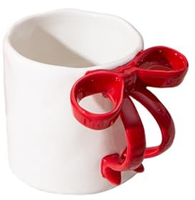 zouxangzz Keramikbecher mit niedlicher Schleife, hochwertige Kaffeetassen für Mädchen, Herzbecher, leicht, luxuriös, Büro, Zuhause, Milch, Frühstückstassen (weiß und rot)