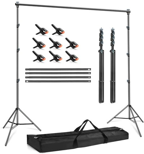 Hintergrund Ständer Set 2,8 x 3m, JEBUTU Verstellbarer Fotohintergrund Ständer mit 8 Hintergrundklemmen & Tragetasche, Backdrop Stand für Fotostudio, Porträt, Produktfotografie, Video, Partydekoration