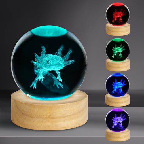 PYMIN3D Lampada da tavolo con sfera di cristallo incisa in 3D, 6,1 cm, con telecomando in 16 colori che cambiano colore, base in legno, regalo di compleanno per amici e bambini (Axolotl)