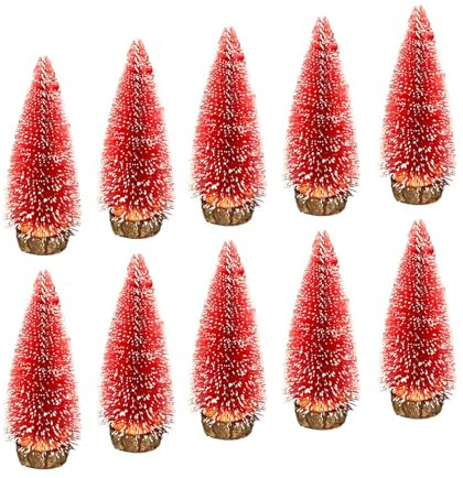 10pcs 4inch Mini Christmas Tree Bottle Brush Trees Chrismas Village Trees Ornaments Mini Plastic Christmas Trees with Wooden Base for Christmas Decoration Miniature Chrismas Tree (Red)