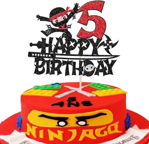1 Stück Ninja 5th Tortendeko Happy Birthday Ninja Cake Topper Kampfsport Karate Kung Fu Krieger Kuchendekoration für Ninja Thema Kinder 5th Geburtstag Party Kuchen Dekorationen