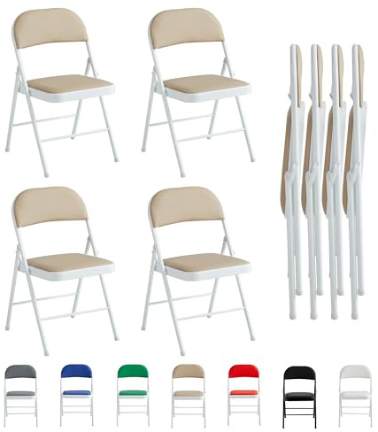 mcc direct Klappstuhl, Kunstleder Klappstuhl mit Metallrahmen und gepolstertem Sitz, einfach zu Falten und aufzubewahren für Zuhause, Büro, Esszimmer und Empfang 4er Set (Beige)