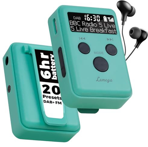 La radio DAB portable la plus petite et la plus légère au monde | Charge rapide | Radio FM | Radio-réveil | Clip sport et écouteurs XL | Petite radio de poche ultime | Lemega Mini Go