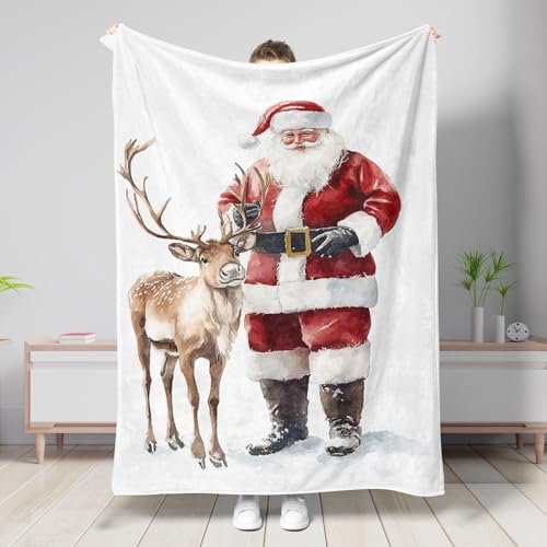 Weihnachts-Rentier-Fleecedecke, rot und weiß, Weihnachtsmann-Dekoration, Überwurfdecke, gemütlich, weich, Flanell, warme Schlafdecke für Zuhause, Bett, alle Jahreszeiten, 127 x 152 cm