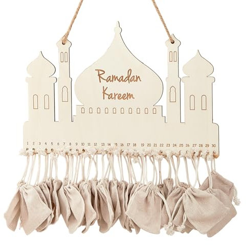 Ramadan Kalender mit 30 Stofftüte, Ramadankalender zum Befüllen, Ramadan Mubarak Dekoration, Ramadan Adventskalender Holz, Ramazan Deko Hängend, Eid Geschenke Kinder Wandkalender für Wand Tür Fenster