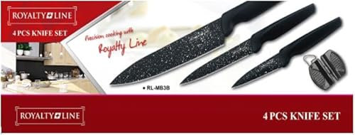 ROYALTY LINE, RLMB3B, Juego de cuchillos de cocina de 3 piezas con afilador, hojas de acero inoxidable recubiertas de mármol, mangos ergonómicos, diseño elegante, negro, tamaño estándar