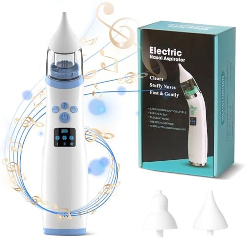 Electric Nasal Aspirator, Rechargeable Baby Nose Cleaner for Kids, Nasensauger Baby Staubsauger Wiederaufladbar, Mit 3 SaugstäRken, Musik Und 2 GrößEn Silikon Tipps, für Neugeborene & Säuglinge