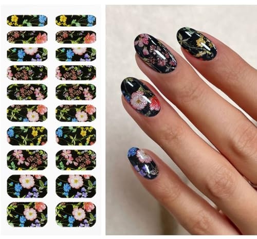 JMEOWIO Gel Nail Stickers Black Colorful Flower Semi Cured Gel Nail Strips Wraps UV/LED Nails Art Design Decoration Accessories