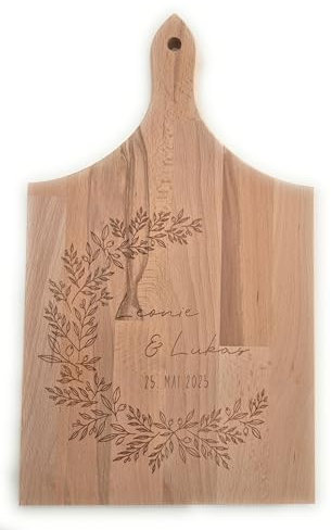 Tagliere personalizzato in legno di faggio, 39 x 23 x 1,5 cm, incisione laser a foglie, regalo di nozze
