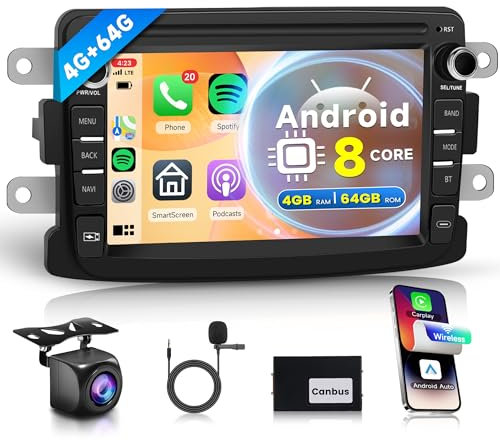 8 Core 4G+64G Wireless Carplay Android Autoradio für Renault Dacia Duster Sandero Logan Dokker Captur Symbol 7 Zoll Autoradio mit Android Auto GPS Navi WiFi Bluetooth FM/RDS/DSP/USB/SWC Rückfahrkamera