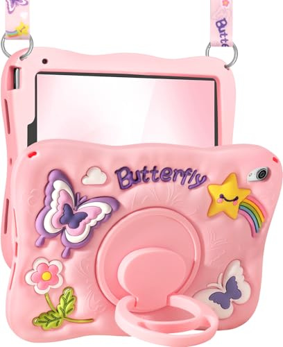 SurgeCraft for iPad Mini 6 Case, for iPad Mini 7 Case - Girls Cute Girly Kawaii 3D PK Butterfly Unique Design Soft Silicone Cover with Rotating Stand & Strap for Apple Mini 6th/7th Covers 8.3 Inch