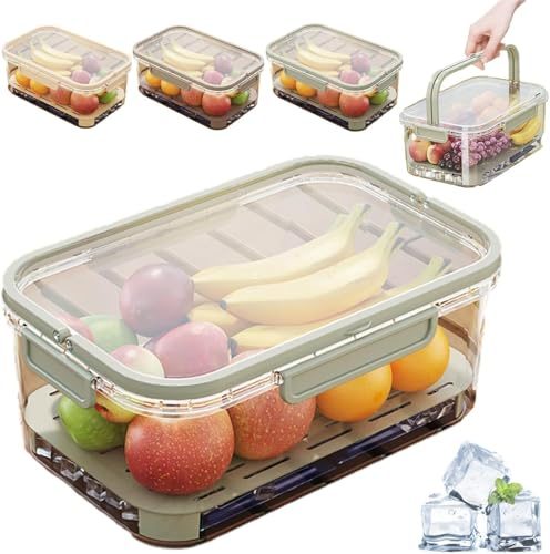 Frischhaltedosen Vorratsdosen mit Deckel Luftdicht, Kühlschrank Organizer, Meal Prep Boxen mit Griff und Abtropfgitter, Tragbar Obst Gemüse Aufbewahrungsbox, BPA-frei, Auslaufsicher, Stapelbar