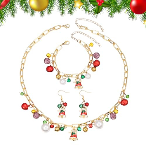 QITHGYD Weihnachtsschmuck Damen Set, Weihnachtskette Halskette + Armband Weihnachten + Weihnachtsohrringe mit Jingle Bell Perle Design, Festliches Schmuckset für Weihnachtsfeiern