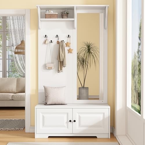 ZKLOEP 100 x 40 x 180 cm appendiabiti con specchio, 5 ganci appendiabiti, 2 armadi e scaffali, appendiabiti con scarpiera, corridoio, guardaroba compatto, bianco