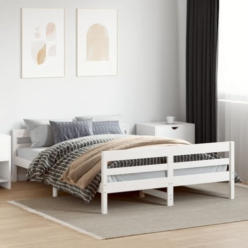 YuuSsea Massivholzbett Weiß 120x200 cm, Kiefernholz Bettrahmen mit Sperrholzlatten, stabiles Doppelbett für Schlafzimmer, ohne Matratze, skandinavisches Design