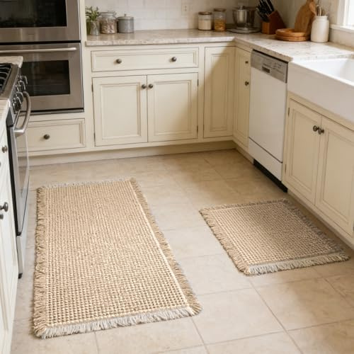 Großes Badteppich Set,Badezimmerteppich,Badematte 2 Teilig 43x61CM + 50x121CM,Rutschfeste Badezimmermatten,Saugfähig,Maschinenwaschbar,Boho Bath Mat,Weich Waffel Duschvorleger für Hotel,Duschraum