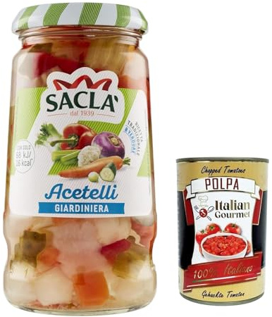 Italian Gourmet Acetelli Giardiniera Gemüse-Mix in Essig Glas 12 x 290g | Verdure croccanti in agrodolce; bunt eingelegt, perfekt zu Aperitif, Gesamtnettogewicht 3,48 kg + Kostenlos Polpa 400g