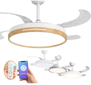JARDIN202 - Ventilador de Techo con Aspas Retráctiles, Motor DC, Temporizador, Luz LED Regulable, Mando a Distancia, 6 Velocidades | 50 cm (Vejer Wifi Madera)